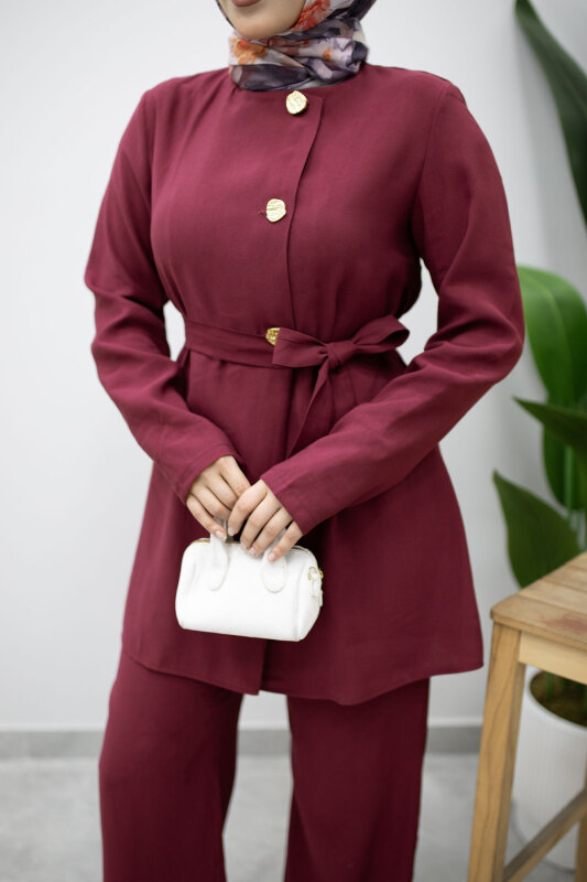 Düğmeli Beli Kuşaklı İkili Takım TSD260200 Fuşya - 4