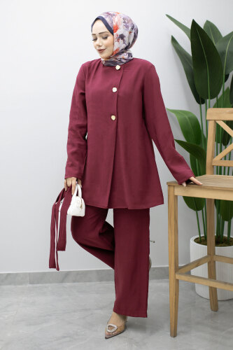 Düğmeli Beli Kuşaklı İkili Takım TSD260200 Fuşya - 5