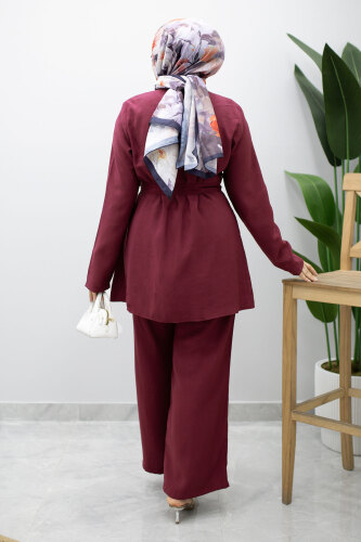 Düğmeli Beli Kuşaklı İkili Takım TSD260200 Fuşya - 6