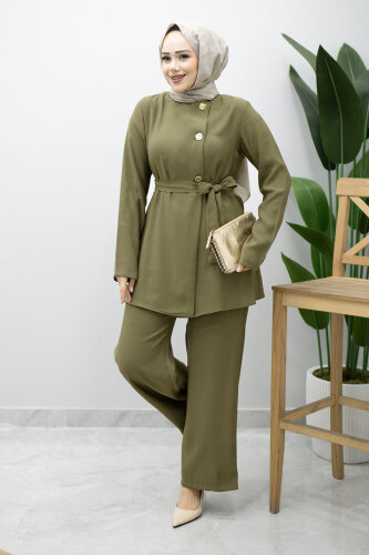 Düğmeli Beli Kuşaklı İkili Takım TSD260200 Haki - 1