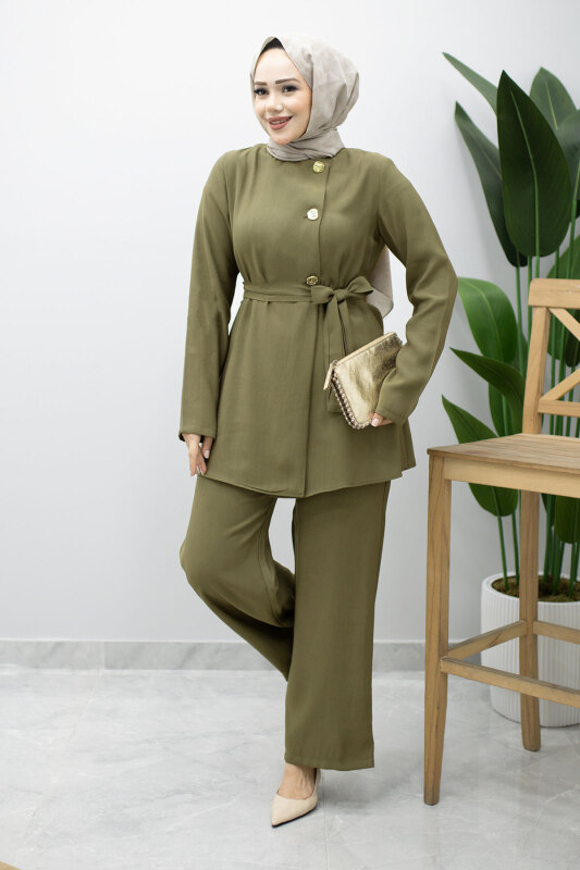 Düğmeli Beli Kuşaklı İkili Takım TSD260200 Haki - Tesettür Dünyası