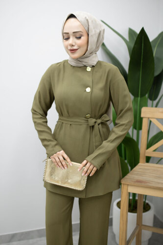Düğmeli Beli Kuşaklı İkili Takım TSD260200 Haki - 2