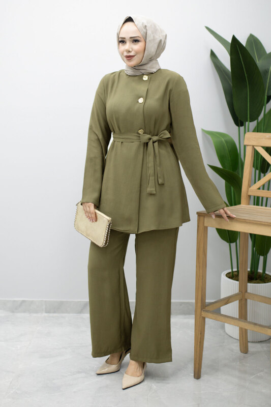 Düğmeli Beli Kuşaklı İkili Takım TSD260200 Haki - 3