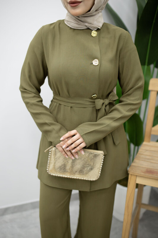 Düğmeli Beli Kuşaklı İkili Takım TSD260200 Haki - 4