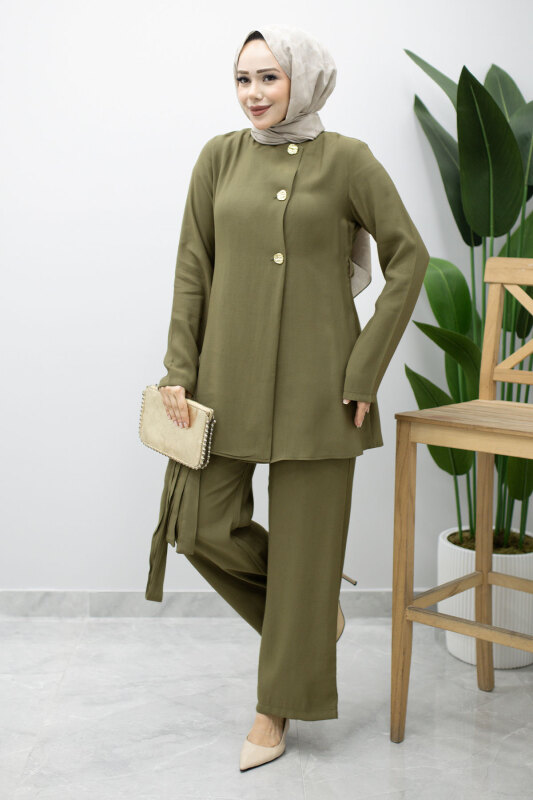 Düğmeli Beli Kuşaklı İkili Takım TSD260200 Haki - 5