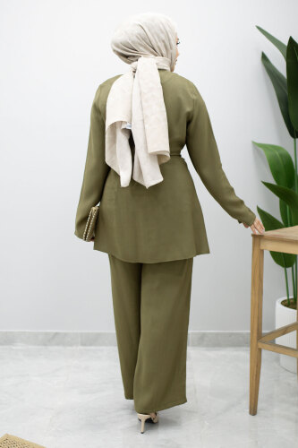 Düğmeli Beli Kuşaklı İkili Takım TSD260200 Haki - 6