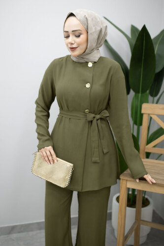 Düğmeli Beli Kuşaklı İkili Takım TSD260200 Haki - Tesettür Dünyası (1)