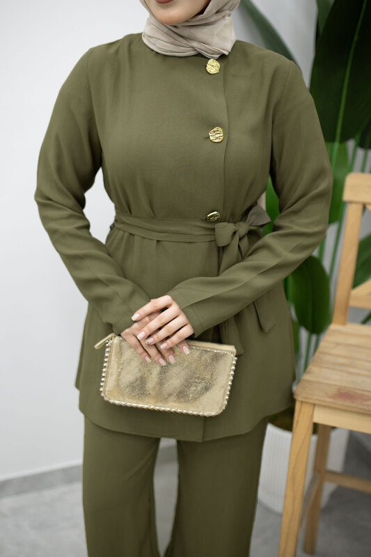 Düğmeli Beli Kuşaklı İkili Takım TSD260200 Haki - 4