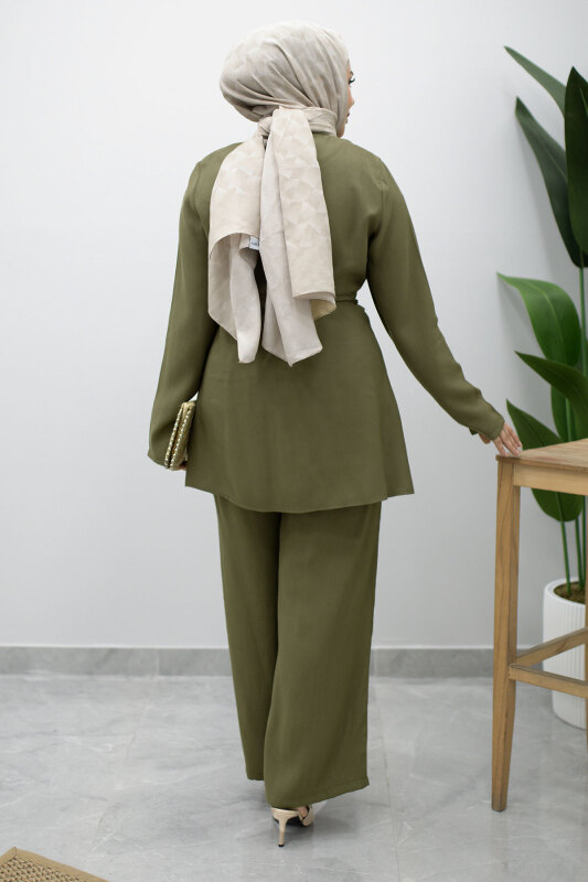 Düğmeli Beli Kuşaklı İkili Takım TSD260200 Haki - 6