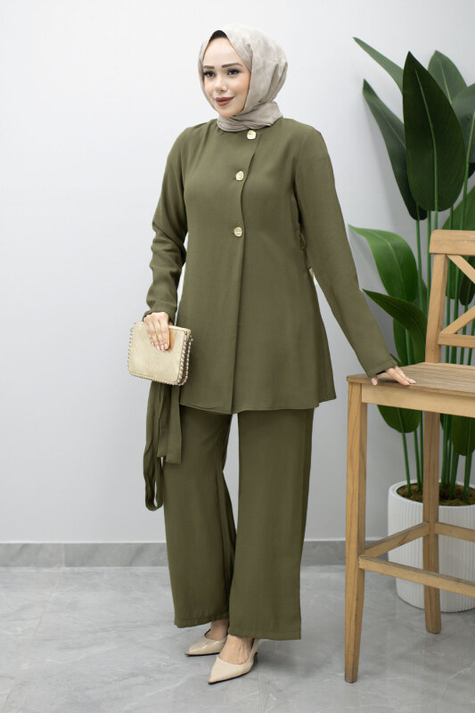 Düğmeli Beli Kuşaklı İkili Takım TSD260200 Haki - 5