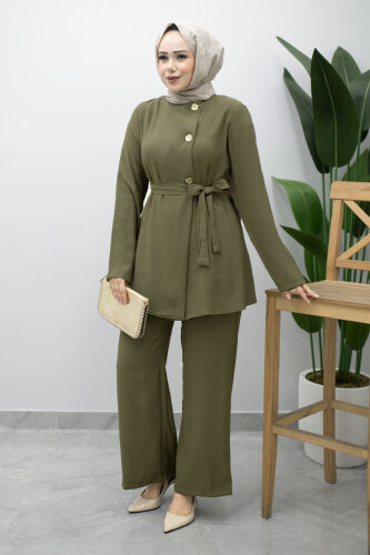 Düğmeli Beli Kuşaklı İkili Takım TSD260200 Haki - Tesettür Dünyası