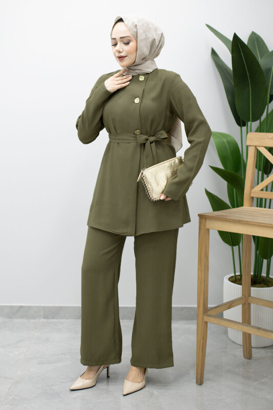 Düğmeli Beli Kuşaklı İkili Takım TSD260200 Haki - 3