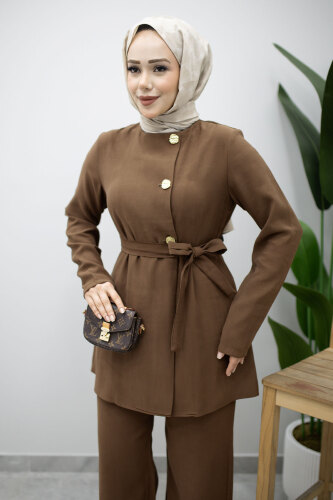 Düğmeli Beli Kuşaklı İkili Takım TSD260200 Kahverengi - 2