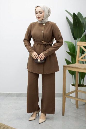 Düğmeli Beli Kuşaklı İkili Takım TSD260200 Kahverengi - 3