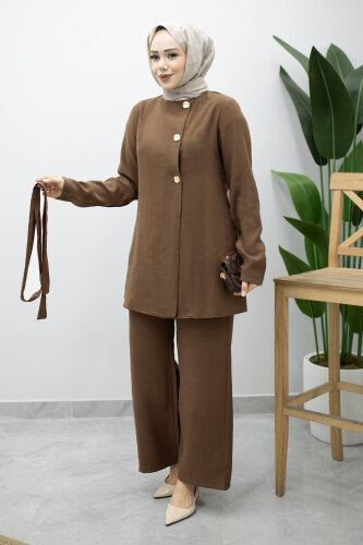 Düğmeli Beli Kuşaklı İkili Takım TSD260200 Kahverengi - 5