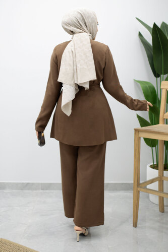 Düğmeli Beli Kuşaklı İkili Takım TSD260200 Kahverengi - 6