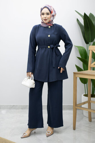 Düğmeli Beli Kuşaklı İkili Takım TSD260200 Lacivert 