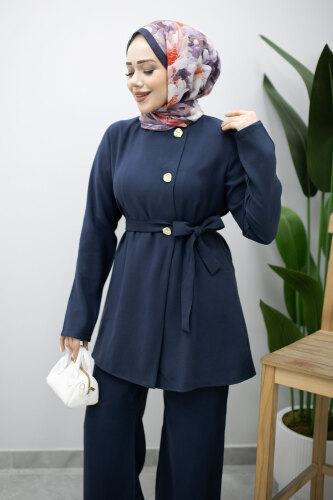 Düğmeli Beli Kuşaklı İkili Takım TSD260200 Lacivert - 2