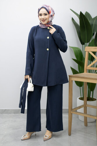 Düğmeli Beli Kuşaklı İkili Takım TSD260200 Lacivert - 3