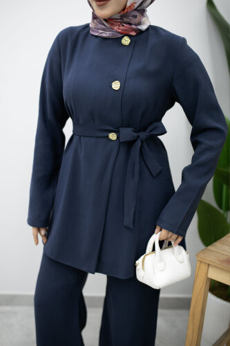 Düğmeli Beli Kuşaklı İkili Takım TSD260200 Lacivert - 4