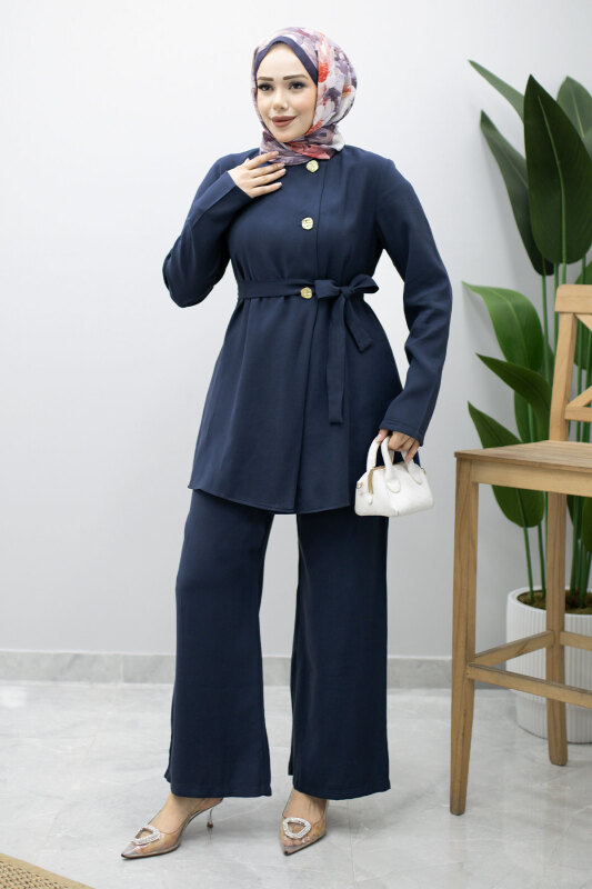 Düğmeli Beli Kuşaklı İkili Takım TSD260200 Lacivert - 5