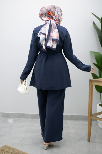 Düğmeli Beli Kuşaklı İkili Takım TSD260200 Lacivert - 6