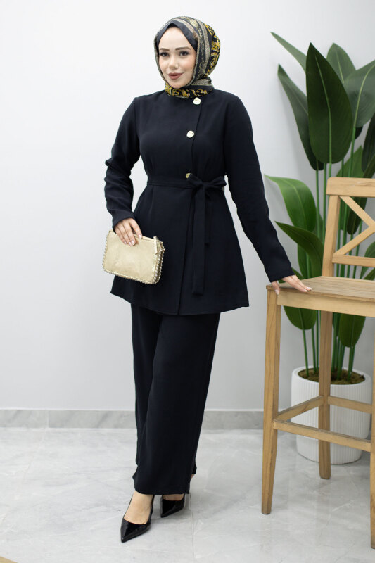 Düğmeli Beli Kuşaklı İkili Takım TSD260200 Siyah - Tesettür Dünyası
