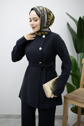 Düğmeli Beli Kuşaklı İkili Takım TSD260200 Siyah - 2