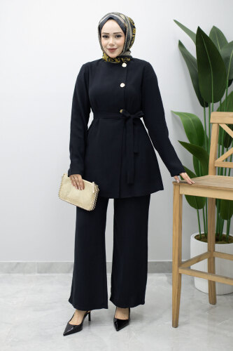 Düğmeli Beli Kuşaklı İkili Takım TSD260200 Siyah - 3
