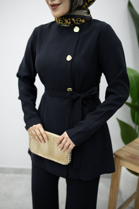 Düğmeli Beli Kuşaklı İkili Takım TSD260200 Siyah - 4