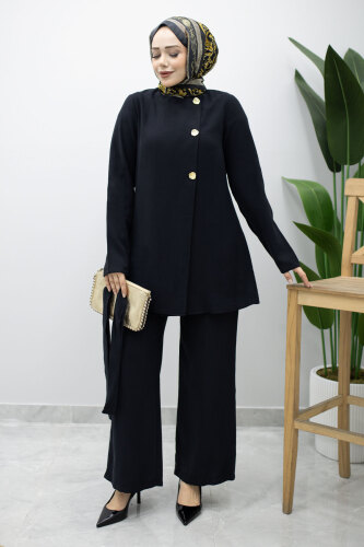 Düğmeli Beli Kuşaklı İkili Takım TSD260200 Siyah - 5