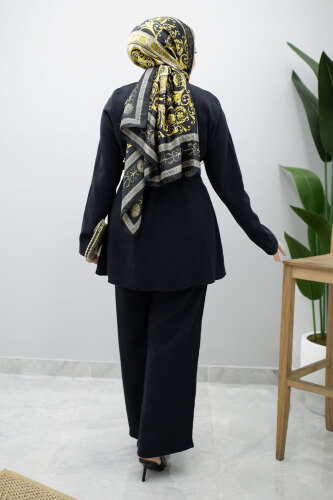 Düğmeli Beli Kuşaklı İkili Takım TSD260200 Siyah - 6