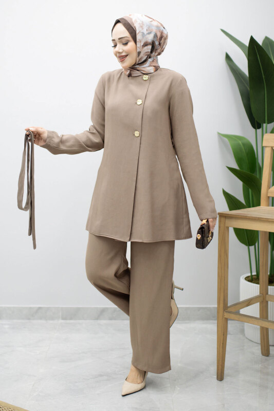 Düğmeli Beli Kuşaklı İkili Takım TSD260200 Vizon - 5