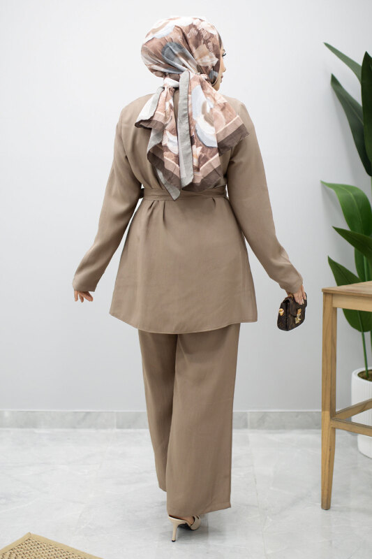 Düğmeli Beli Kuşaklı İkili Takım TSD260200 Vizon - 6