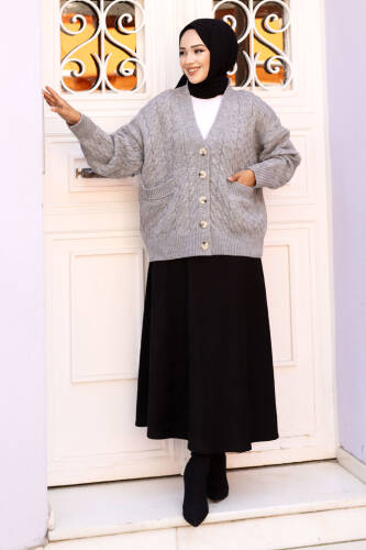 Düğmeli Cepli Triko Hırka TSD240716 Gri - Tesettür Dünyası