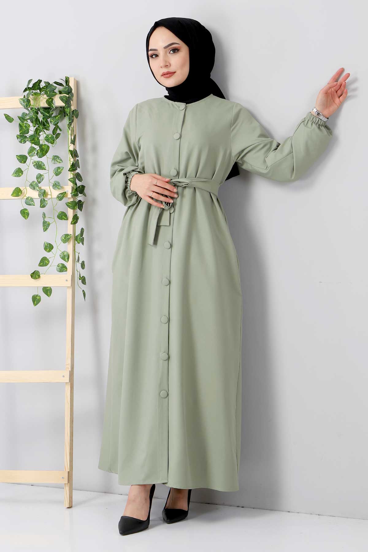 Tesettür Dünyası - Düğmeli Elbise TSD211213 Mint Yeşili