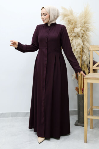 Düğmeli Hakim Yaka Ferace TSD260141 Mürdüm - Tesettür Dünyası