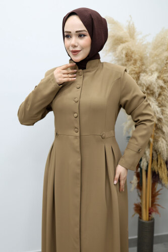 Düğmeli Hakim Yaka Ferace TSD260141 Vizon - Tesettür Dünyası (1)