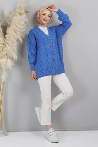 Düğmeli Triko Hırka TSD220715 Saks Mavisi 