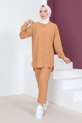 Düğmeli İkili Takım TSD230632 Taba 