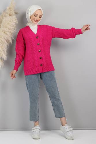 Düğmeli Triko Hırka TSD220715 Fuşya 