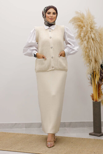 Düğmeli Triko Süveter TSD250221 Bej - 4