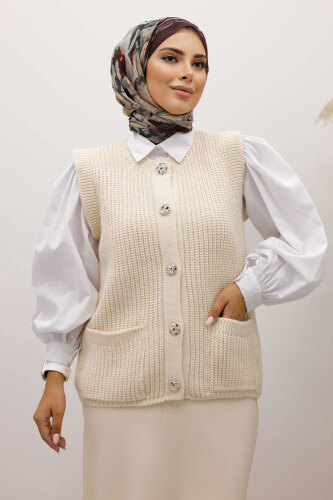 Düğmeli Triko Süveter TSD250221 Bej - 2