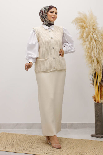 Düğmeli Triko Süveter TSD250221 Bej - 3