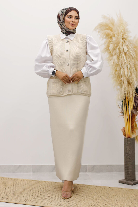 Düğmeli Triko Süveter TSD250221 Bej - 1