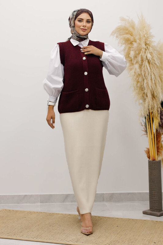 Düğmeli Triko Süveter TSD250221 Bordo - 1