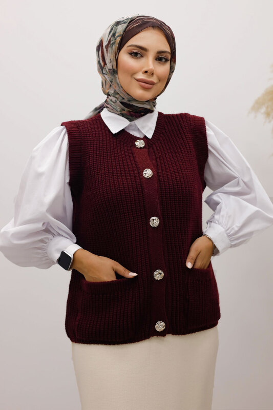 Düğmeli Triko Süveter TSD250221 Bordo - 2