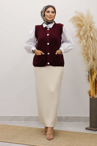 Düğmeli Triko Süveter TSD250221 Bordo - 3