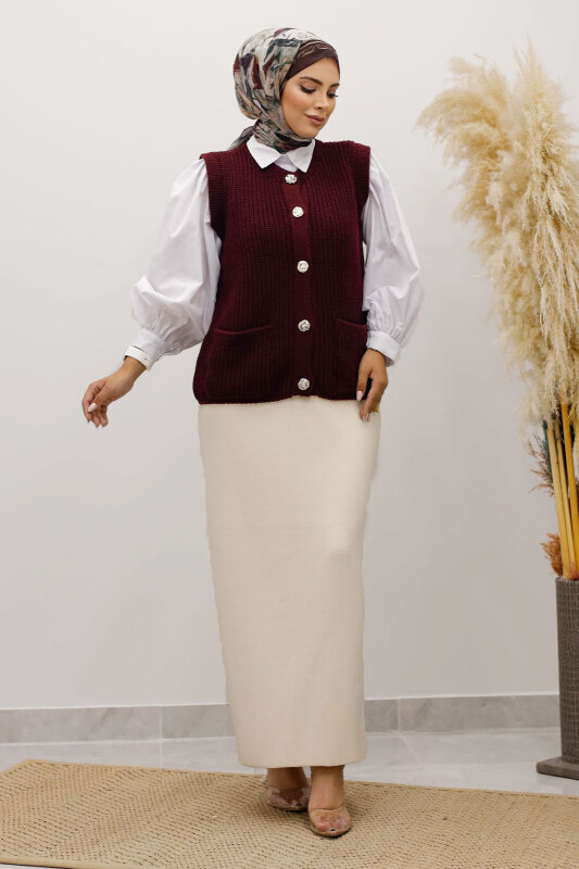 Düğmeli Triko Süveter TSD250221 Bordo - 4