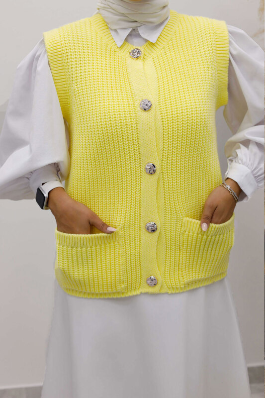 Düğmeli Triko Süveter TSD250221 Sarı - 2